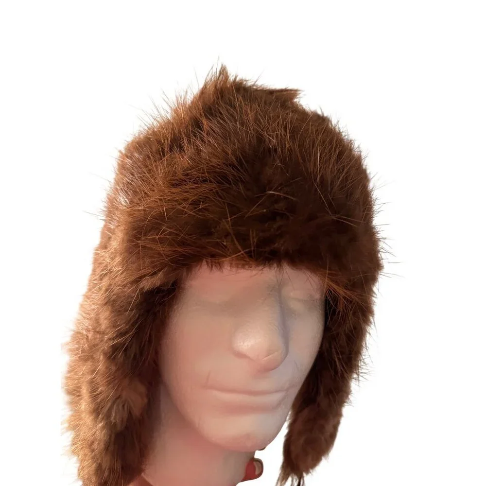 Vintage Beaver Fur Womens Trapper Hat One Size Reddish Brown Earflaps Pom-poms